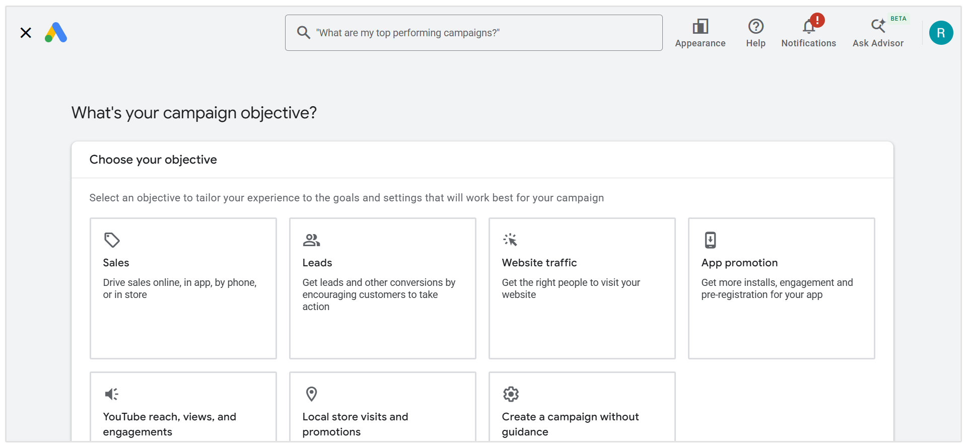 Start new campaign in Google Ads